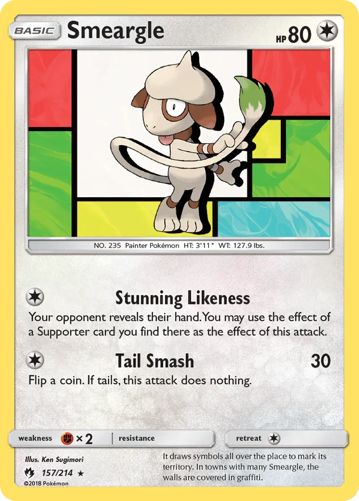 157, Colorless, Fighting[×2], Normal, Rare, Reverse Holofoil, Sun & Moon: Lost Thunder Smeargle (157/214) [Sun & Moon: Lost Thunder] - Trading Card World