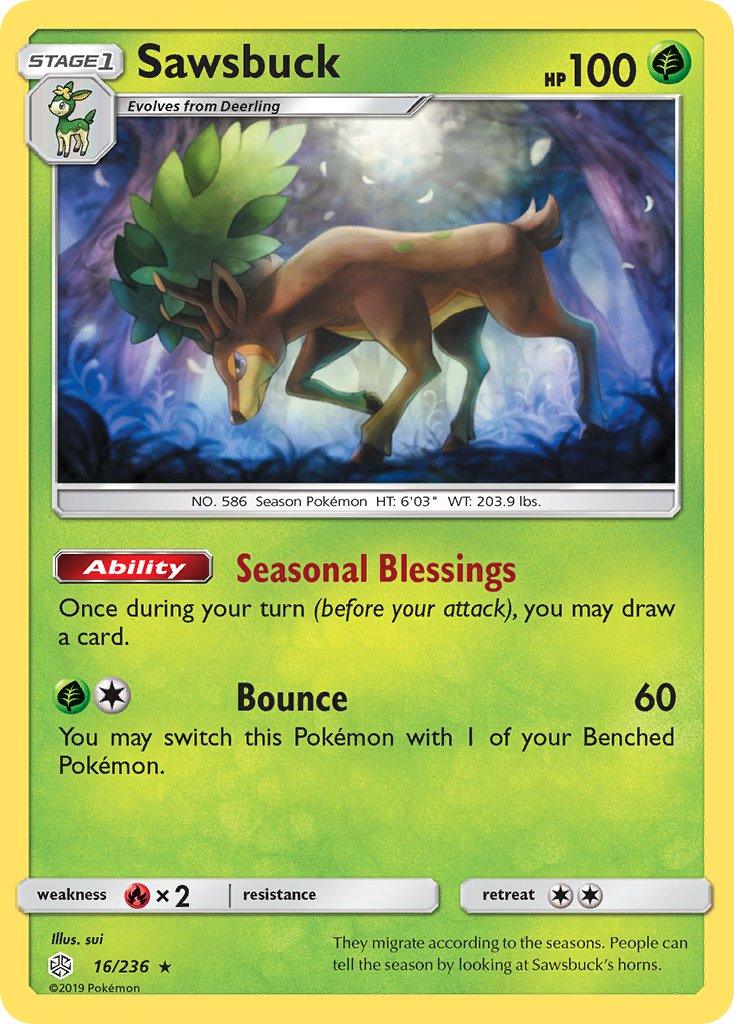 16, Fire[×2], Grass, Normal, Rare, Sun & Moon: Cosmic Eclipse Sawsbuck (16/236) (Prerelease Kit Exclusive) (Theme Deck Exclusive) [Sun & Moon: Cosmic Eclipse] - Trading Card World