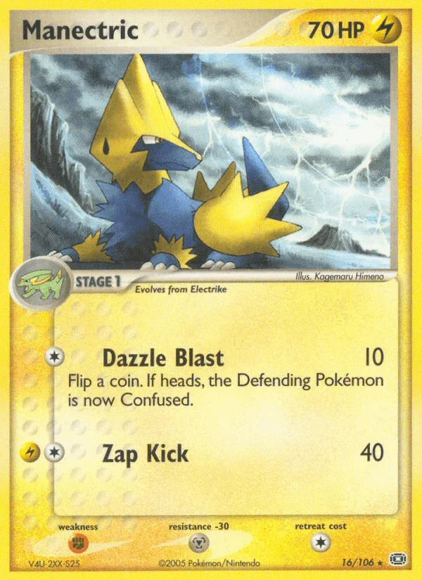 16, EX: Emerald, Fighting[×2], Lightning, Metal[-30], Normal, Rare Manectric (16/106) [EX: Emerald] - Trading Card World