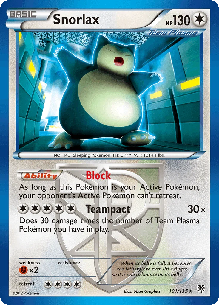 Black & White: Plasma Storm, Colorless, Fighting[×2], Normal, Rare, Reverse Holofoil Snorlax (101/135) [Black & White: Plasma Storm] - Trading Card World