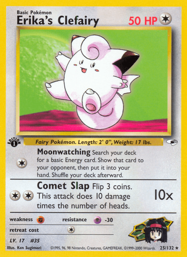 1st Edition Normal, 25, Colorless, Fighting[×2], Gym Heroes 1st Edition, Psychic[-30], Rare Erika's Clefairy (25/132) [Gym Heroes 1st Edition] - Trading Card World