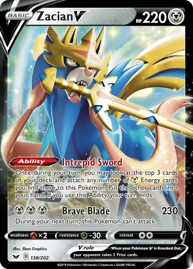 138, Fire[×2], Grass[-30], Holofoil, Metal, Sword & Shield: Base Set, Ultra Rare Zacian V (138/202) [Sword & Shield: Base Set] - Trading Card World
