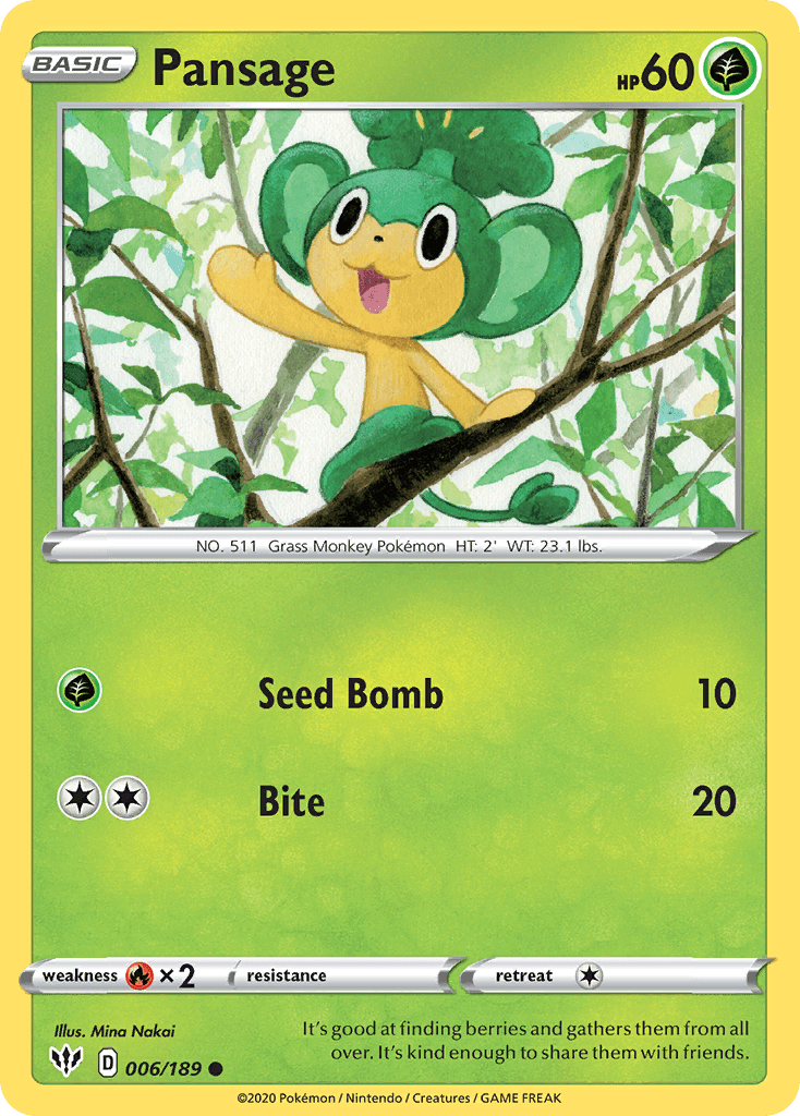 006, Common, Fire[×2], Grass, Normal, Reverse Holofoil, Sword & Shield: Darkness Ablaze Pansage (006/189) [Sword & Shield: Darkness Ablaze] - Trading Card World