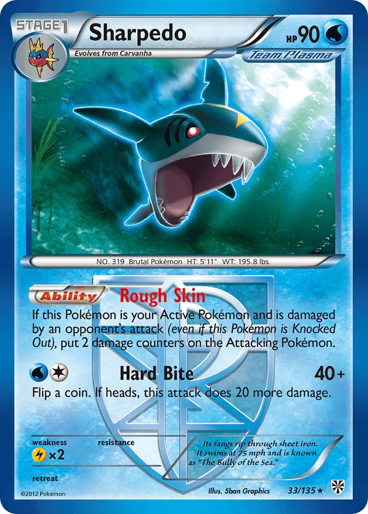 33, Black & White: Plasma Storm, Lightning[×2], Normal, Rare, Reverse Holofoil, Water Sharpedo (33/135) [Black & White: Plasma Storm] - Trading Card World