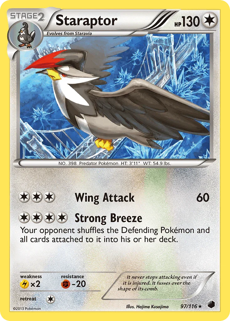 97, Black & White: Plasma Freeze, Colorless, Fighting[-20], Lightning[×2], Normal, Rare, Reverse Holofoil Staraptor (97/116) [Black & White: Plasma Freeze] - Trading Card World