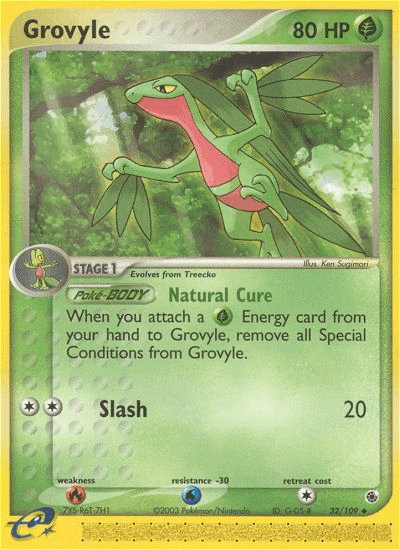 32, EX: Ruby & Sapphire, Fire[×2], Grass, Normal, Reverse Holofoil, Uncommon, Water[-30] Grovyle (32/109) [EX: Ruby & Sapphire] - Trading Card World