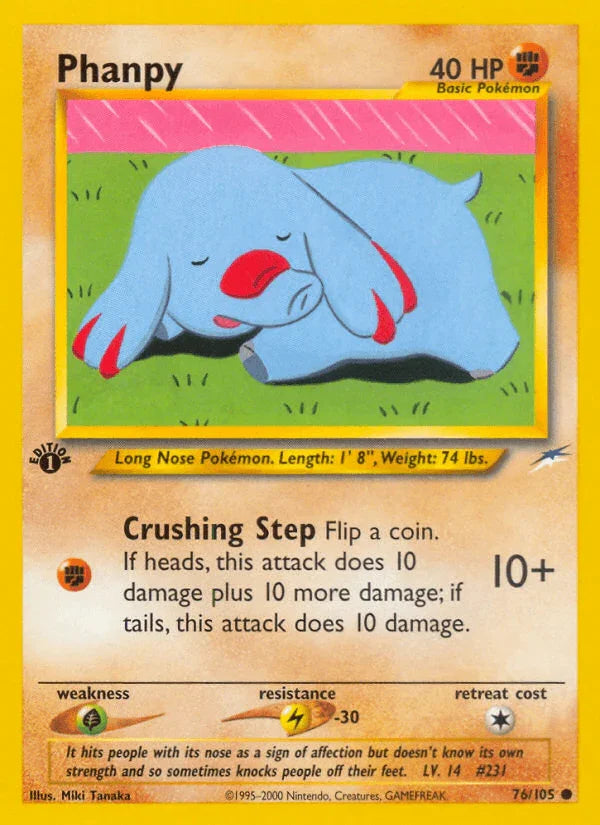 1st Edition Normal, 76, Common, Fighting, Grass[×2], Lightning[-30], Neo Destiny 1st Edition Phanpy (76/105) [Neo Destiny 1st Edition] - Trading Card World