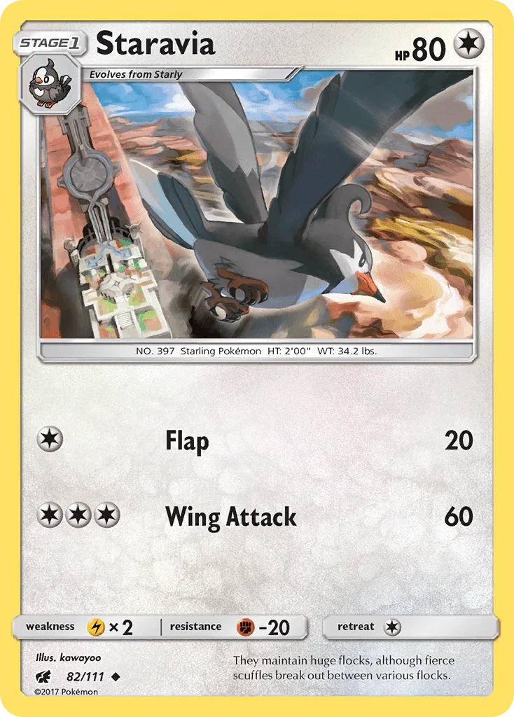 82, Colorless, Fighting[-20], Lightning[×2], Normal, Reverse Holofoil, Sun & Moon: Crimson Invasion, Uncommon Staravia (82/111) [Sun & Moon: Crimson Invasion] - Trading Card World