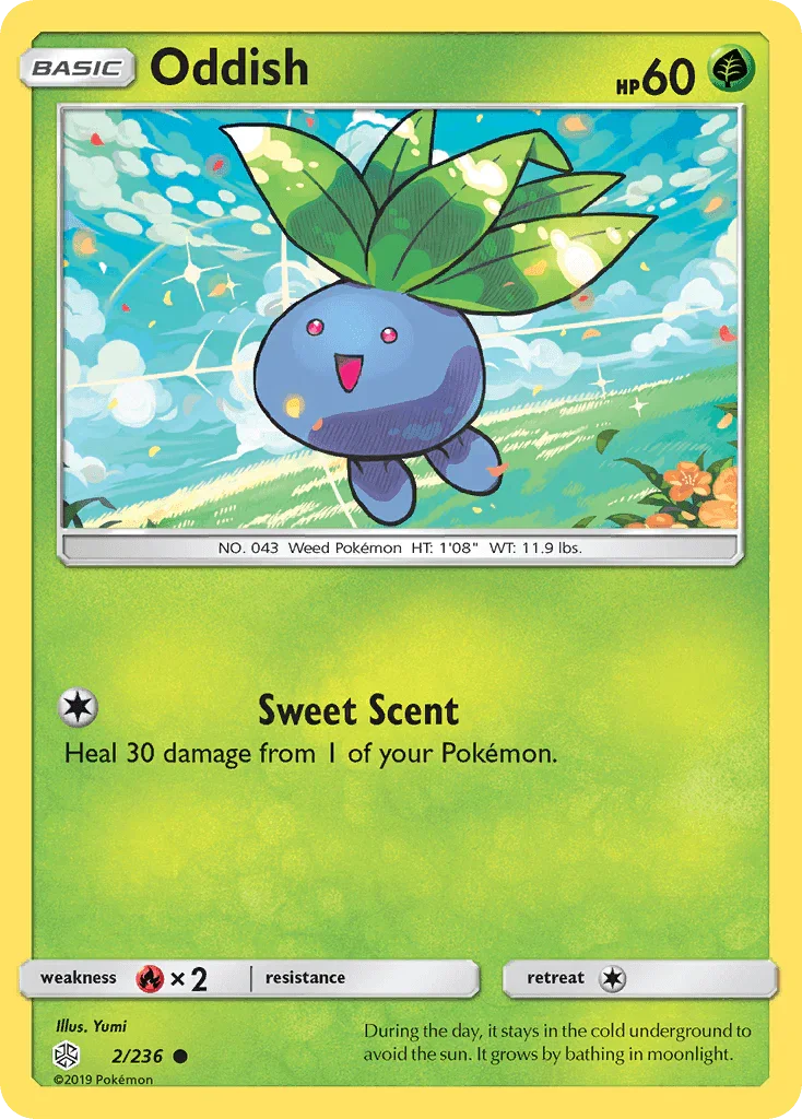 Common, Fire[×2], Grass, Normal, Reverse Holofoil, Sun & Moon: Cosmic Eclipse Oddish (2/236) [Sun & Moon: Cosmic Eclipse] - Trading Card World