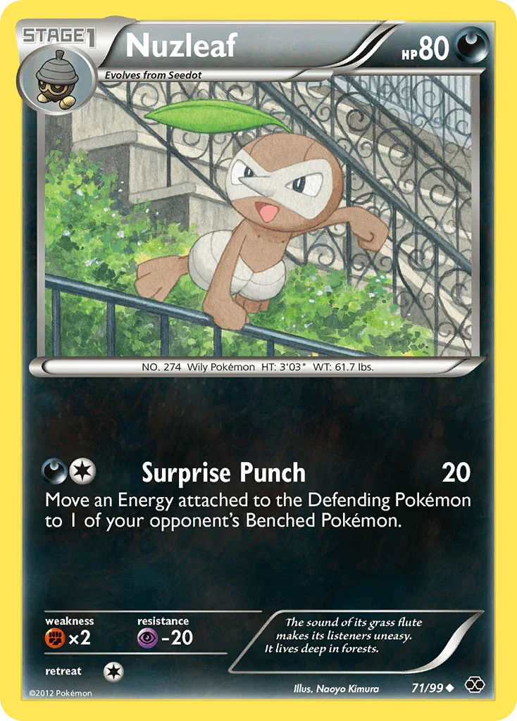 71, Black & White: Next Destinies, Darkness, Fighting[×2], Normal, Psychic[-20], Reverse Holofoil, Uncommon Nuzleaf (71/99) [Black & White: Next Destinies] - Trading Card World