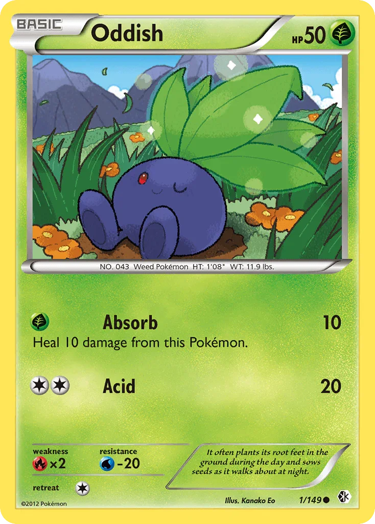 Black & White: Boundaries Crossed, Common, Fire[×2], Grass, Normal, Reverse Holofoil, Water[-20] Oddish (1/149) [Black & White: Boundaries Crossed] - Trading Card World