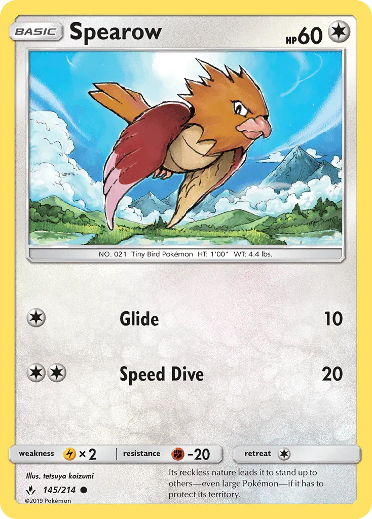 145, Colorless, Common, Fighting[-20], Lightning[×2], Normal, Reverse Holofoil, Sun & Moon: Unbroken Bonds Spearow (145/214) [Sun & Moon: Unbroken Bonds] - Trading Card World