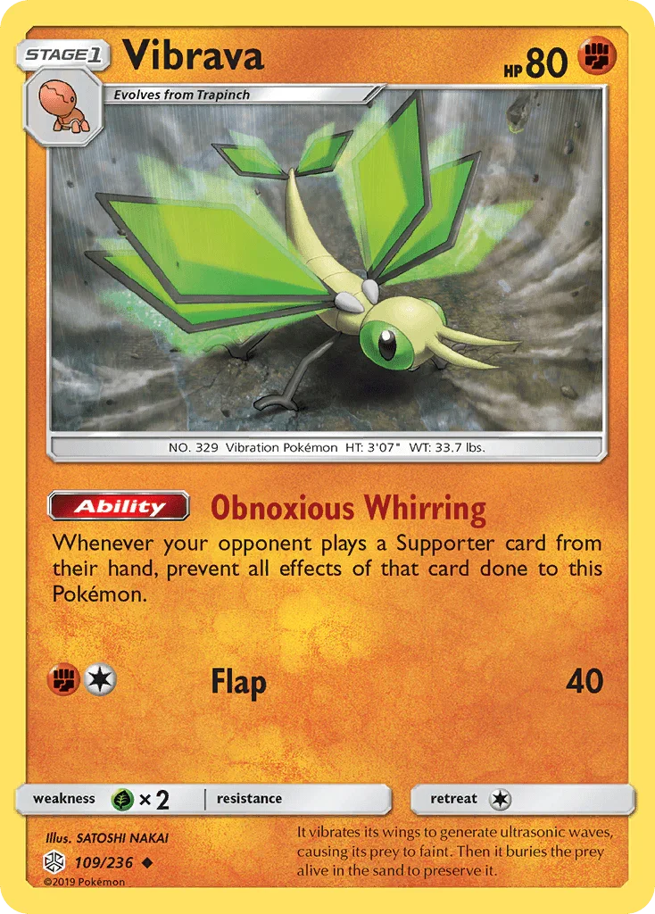 109, Fighting, Grass[×2], Normal, Reverse Holofoil, Sun & Moon: Cosmic Eclipse, Uncommon Vibrava (109/236) [Sun & Moon: Cosmic Eclipse] - Trading Card World