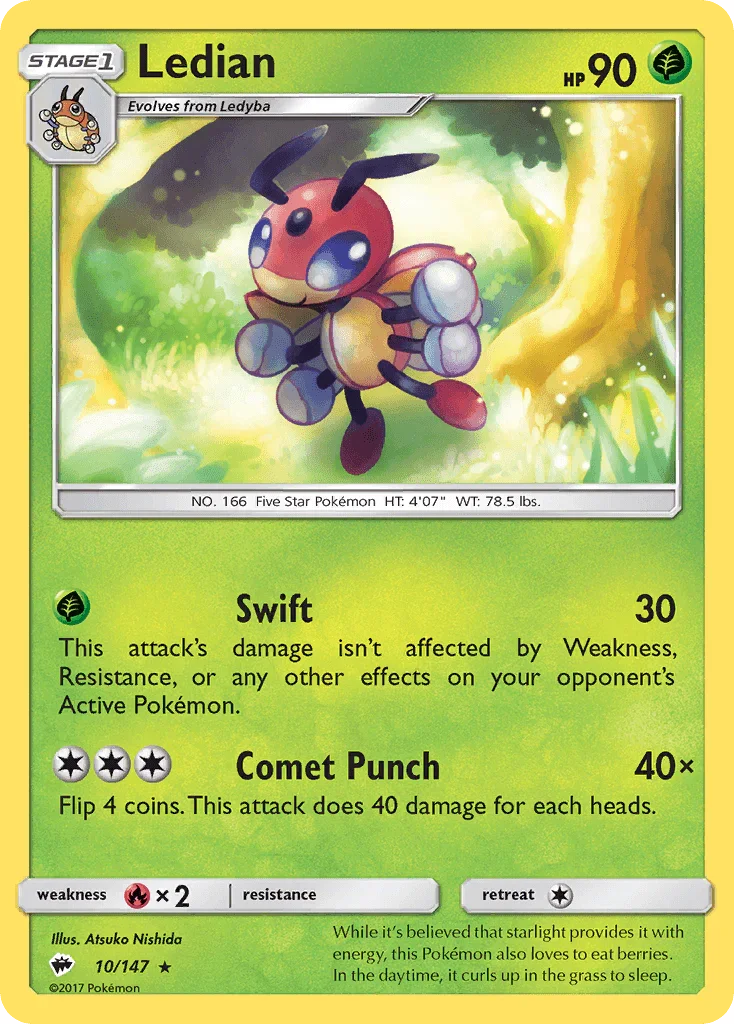 10, Fire[×2], Grass, Normal, Rare, Reverse Holofoil, Sun & Moon: Burning Shadows Ledian (10/147) [Sun & Moon: Burning Shadows] - Trading Card World
