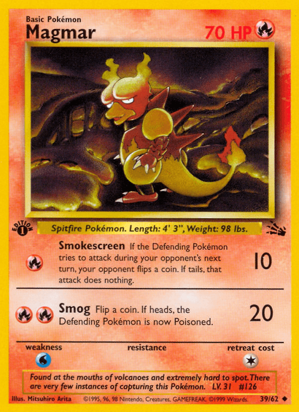 1st Edition Normal, 39, Fire, Fossil 1st Edition, Uncommon, Water[×2] Magmar (39/62) [Fossil 1st Edition] - Trading Card World