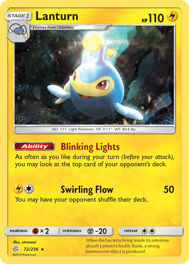 72, Fighting[×2], Lightning, Metal[-20], Normal, Rare, Reverse Holofoil, Sun & Moon: Cosmic Eclipse Lanturn (72/236) [Sun & Moon: Cosmic Eclipse] - Trading Card World