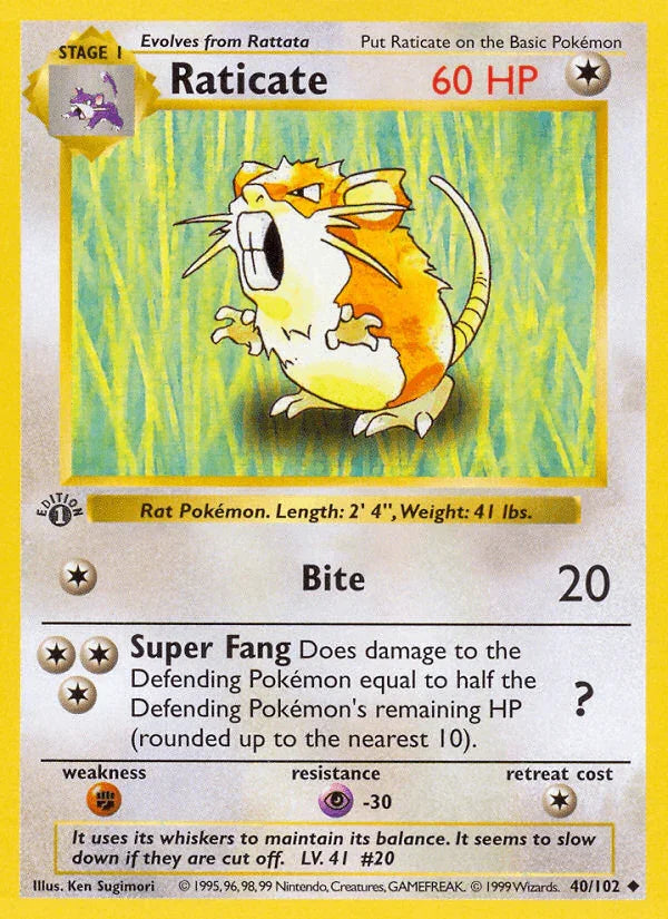 1st Edition Normal, 40, Base Set 1st Edition, Colorless, Fighting[×2], Psychic[-30], Uncommon Raticate (40/102) (Shadowless) [Base Set 1st Edition] - Trading Card World