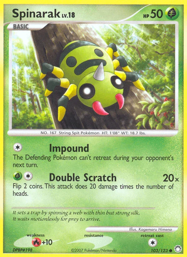 103, Common, Diamond & Pearl: Mysterious Treasures, Fire[+10], Grass, Normal, Reverse Holofoil Spinarak (103/123) [Diamond & Pearl: Mysterious Treasures] - Trading Card World