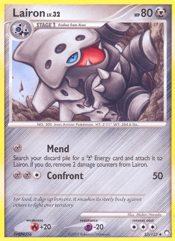 53, Diamond & Pearl: Mysterious Treasures, Fire[+20], Metal, Normal, Psychic[-20], Reverse Holofoil, Uncommon Lairon (53/123) [Diamond & Pearl: Mysterious Treasures] - Trading Card World