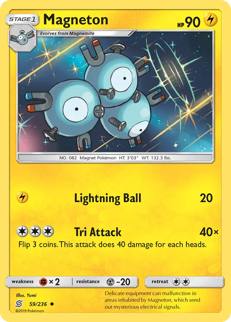 59, Fighting[×2], Lightning, Metal[-20], Normal, Reverse Holofoil, Sun & Moon: Unified Minds, Uncommon Magneton (59/236) [Sun & Moon: Unified Minds] - Trading Card World
