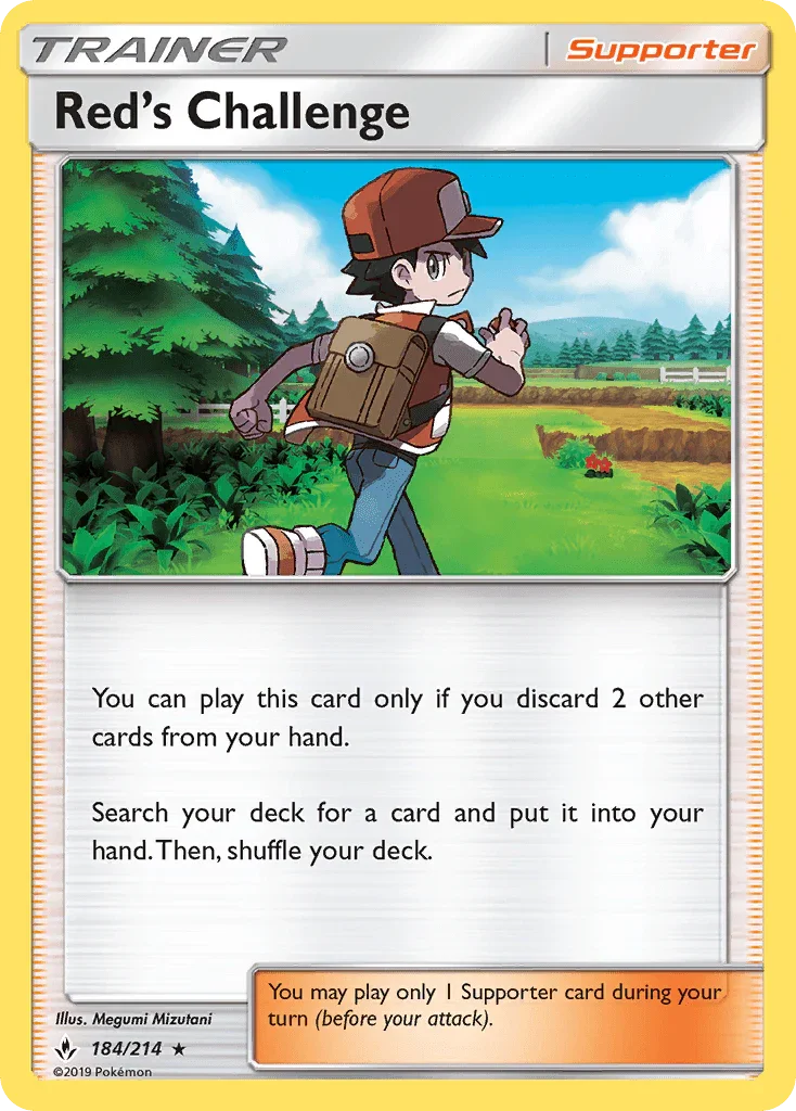 184, Holo Rare, Holofoil, Reverse Holofoil, Sun & Moon: Unbroken Bonds, Supporter Red's Challenge (184/214) [Sun & Moon: Unbroken Bonds] - Trading Card World