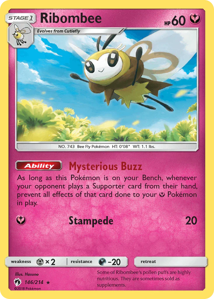 146, Darkness[-20], Fairy, Metal[×2], Normal, Rare, Reverse Holofoil, Sun & Moon: Lost Thunder Ribombee (146/214) [Sun & Moon: Lost Thunder] - Trading Card World
