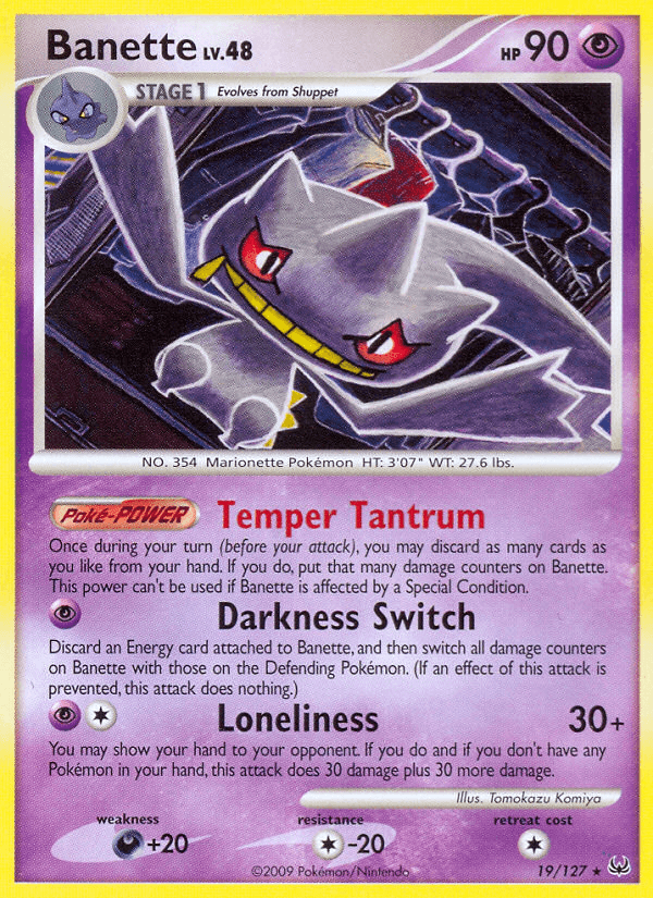 19, Colorless[-20], Darkness[+20], Normal, Platinum: Base Set, Psychic, Rare, Reverse Holofoil Banette (19/127) [Platinum: Base Set] - Trading Card World