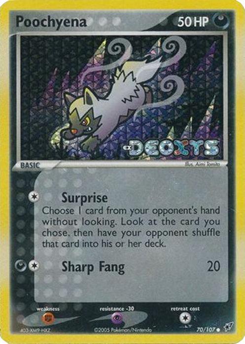 70, Common, Darkness, EX: Deoxys, Fighting[×2], Psychic[-30], Reverse Holofoil Poochyena (70/107) (Stamped) [EX: Deoxys] - Trading Card World