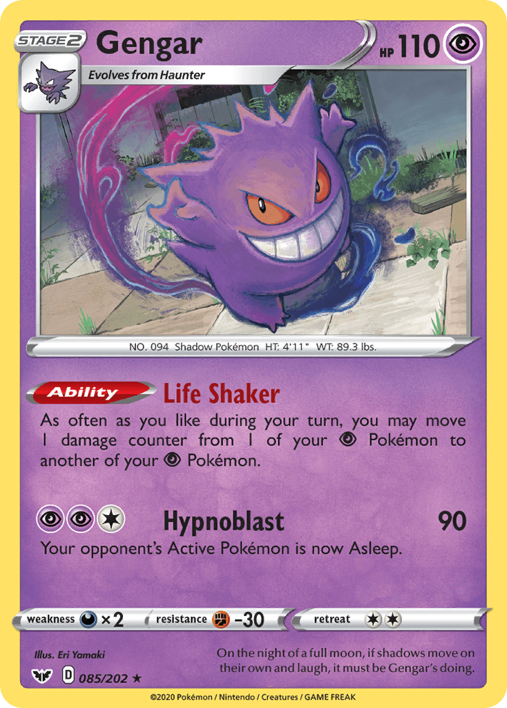 085, Darkness[×2], Fighting[-30], Holo Rare, Holofoil, Psychic, Reverse Holofoil, Sword & Shield: Base Set Gengar (085/202) [Sword & Shield: Base Set] - Trading Card World