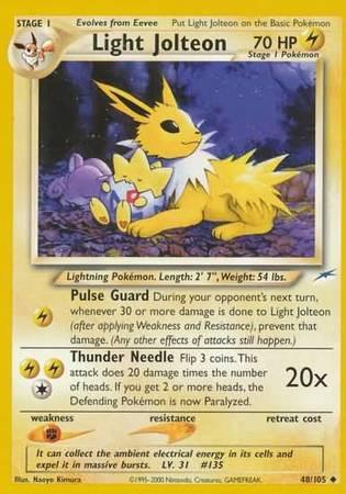 48, Fighting[×2], Lightning, Neo Destiny Unlimited, Normal, Uncommon Light Jolteon (48/105) [Neo Destiny Unlimited] - Trading Card World
