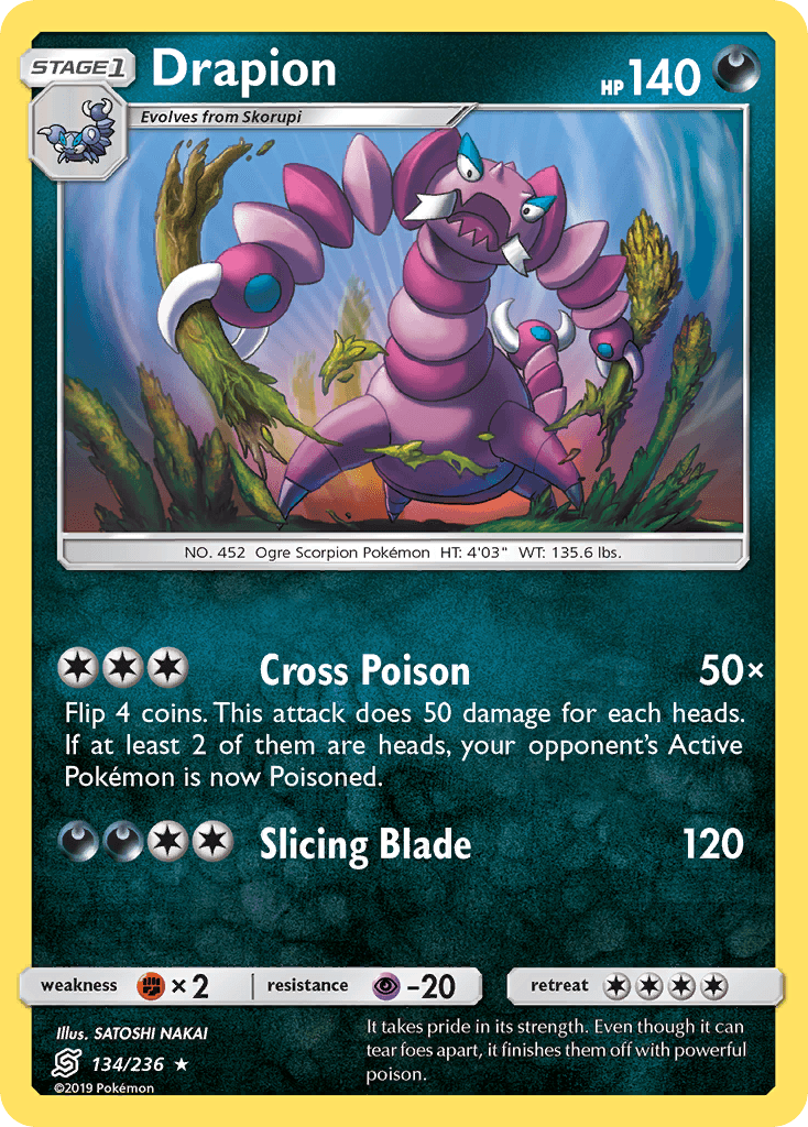 134, Darkness, Fighting[×2], Normal, Psychic[-20], Rare, Reverse Holofoil, Sun & Moon: Unified Minds Drapion (134/236) [Sun & Moon: Unified Minds] - Trading Card World
