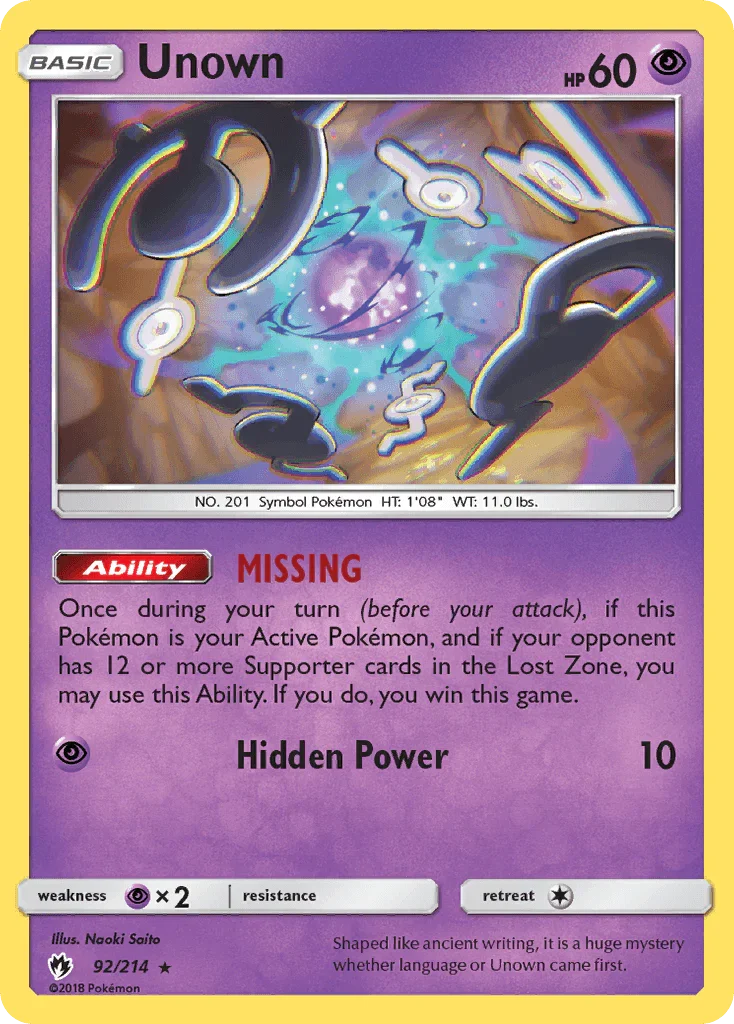 92, Normal, Psychic, Psychic[×2], Rare, Reverse Holofoil, Sun & Moon: Lost Thunder Unown (92/214) [Sun & Moon: Lost Thunder] - Trading Card World