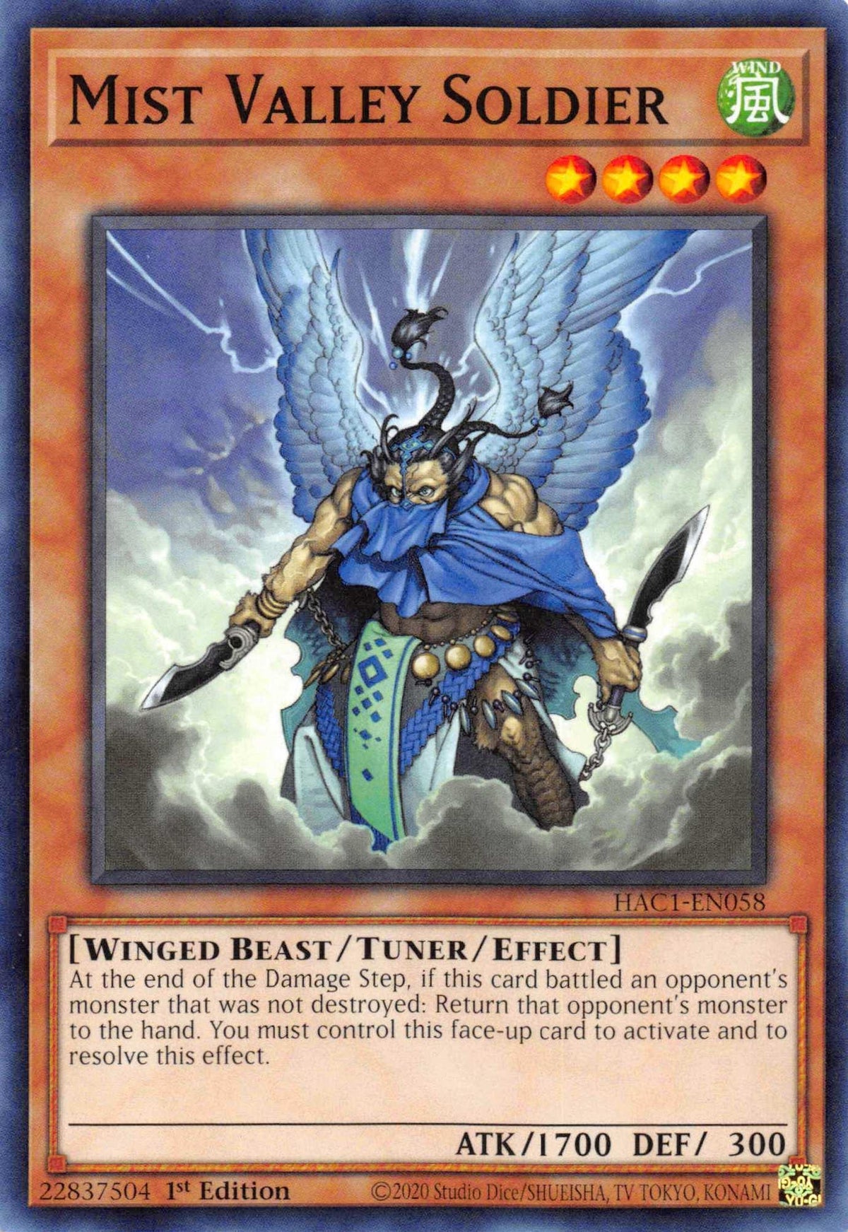 1st Edition, Common, Hidden Arsenal: Chapter 1, Tuner/Effect Monster, Wind, Winged Beast Mist Valley Soldier [HAC1-EN058] Common - Trading Card World