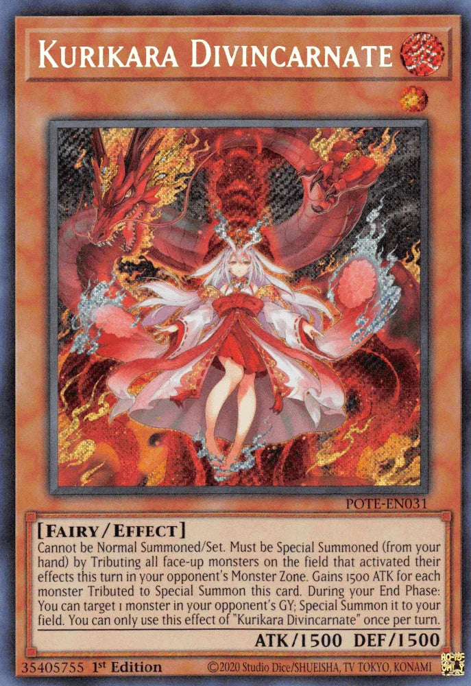 1st Edition, Effect Monster, Fairy, Fire, Power of the Elements, Secret Rare, Unlimited Kurikara Divincarnate [POTE-EN031] Secret Rare - Trading Card World