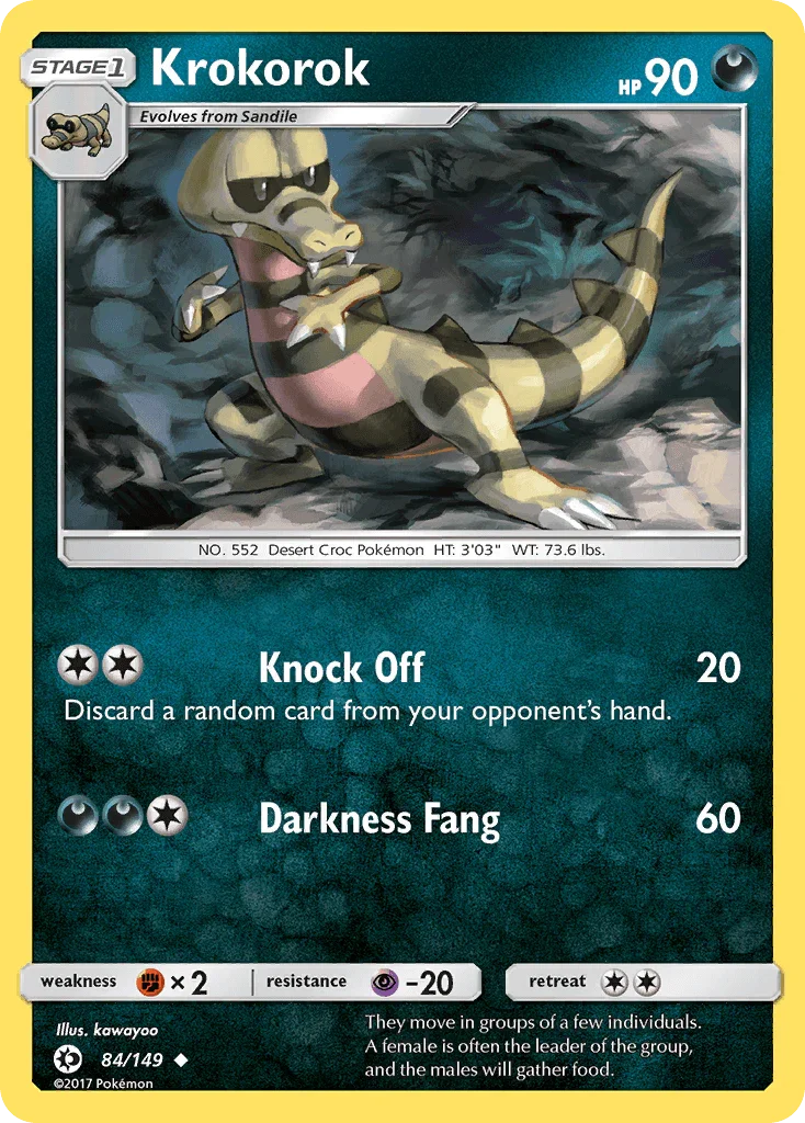 84, Darkness, Fighting[×2], Normal, Psychic[-20], Reverse Holofoil, Sun & Moon: Base Set, Uncommon Krokorok (84/149) [Sun & Moon: Base Set] - Trading Card World
