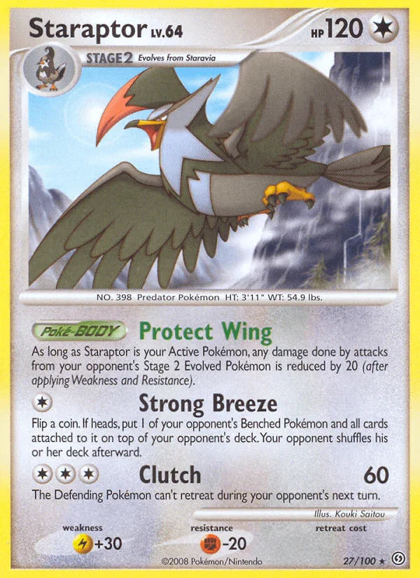 27, Colorless, Diamond & Pearl: Stormfront, Fighting[-20], Lightning[+30], Normal, Rare, Reverse Holofoil Staraptor (27/100) [Diamond & Pearl: Stormfront] - Trading Card World