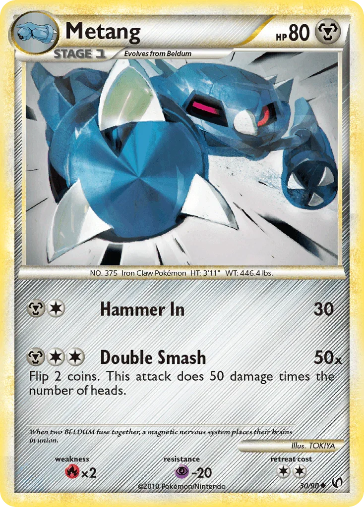 30, Fire[×2], HeartGold & SoulSilver: Undaunted, Metal, Normal, Psychic[-20], Reverse Holofoil, Uncommon Metang (30/90) [HeartGold & SoulSilver: Undaunted] - Trading Card World