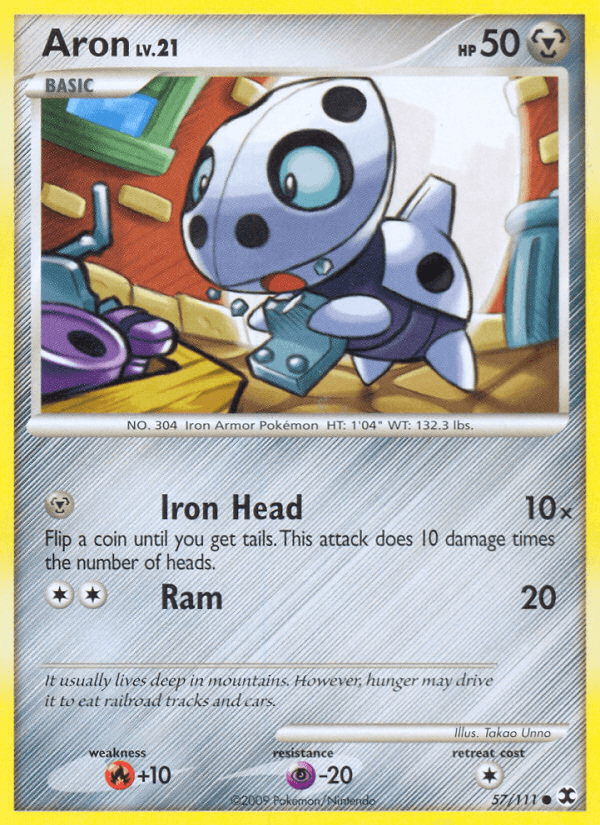 57, Common, Fire[+10], Metal, Normal, Platinum: Rising Rivals, Psychic[-20], Reverse Holofoil Aron (57/111) [Platinum: Rising Rivals] - Trading Card World