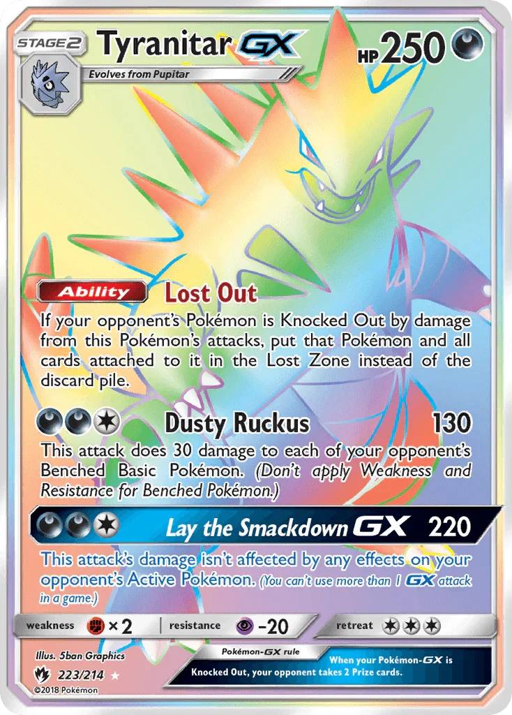 223, Darkness, Fighting[×2], Holofoil, Psychic[-20], Secret Rare, Sun & Moon: Lost Thunder Tyranitar GX (223/214) [Sun & Moon: Lost Thunder] - Trading Card World