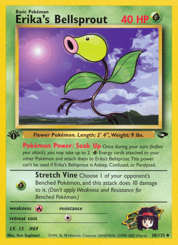1st Edition Normal, 38, Fire[×2], Grass, Gym Challenge 1st Edition, Uncommon Erika's Bellsprout (38/132) [Gym Challenge 1st Edition] - Trading Card World