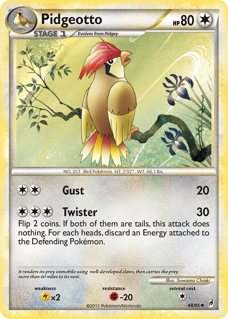 48, Colorless, Fighting[-20], HeartGold & SoulSilver: Call of Legends, Lightning[×2], Normal, Reverse Holofoil, Uncommon Pidgeotto (48/95) [HeartGold & SoulSilver: Call of Legends] - Trading Card World