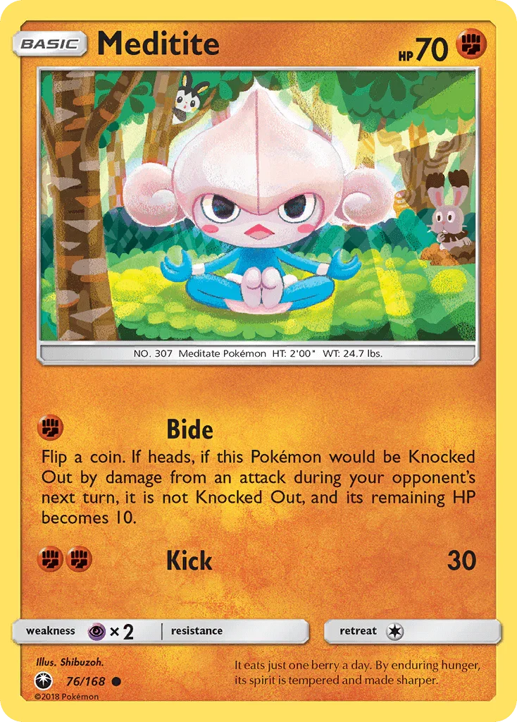 76, Common, Fighting, Normal, Psychic[×2], Reverse Holofoil, Sun & Moon: Celestial Storm Meditite (76/168) [Sun & Moon: Celestial Storm] - Trading Card World