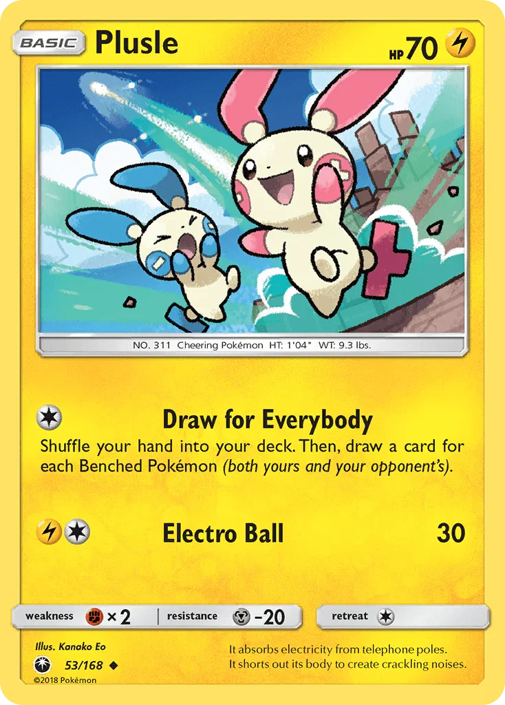 53, Fighting[×2], Lightning, Metal[-20], Normal, Reverse Holofoil, Sun & Moon: Celestial Storm, Uncommon Plusle (53/168) [Sun & Moon: Celestial Storm] - Trading Card World