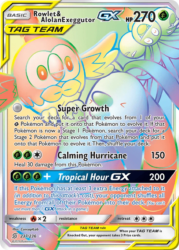 237, Fire[×2], Grass, Holofoil, Secret Rare, Sun & Moon: Unified Minds Rowlet & Alolan Exeggutor GX (237/236) [Sun & Moon: Unified Minds] - Trading Card World