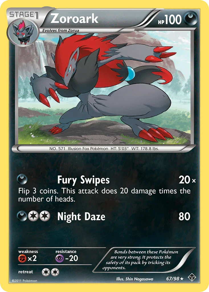 67, Black & White: Emerging Powers, Darkness, Fighting[×2], Holo Rare, Holofoil, Psychic[-20], Reverse Holofoil Zoroark (67/98) [Black & White: Emerging Powers] - Trading Card World