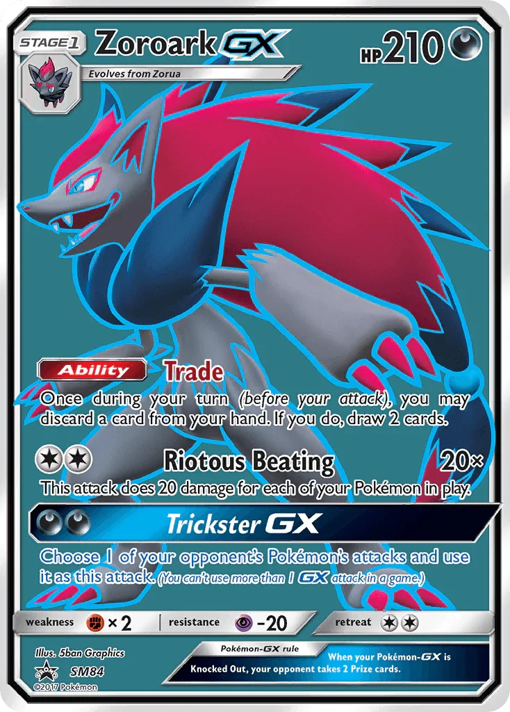 Black Star Promo, Darkness, Fighting[×2], Holofoil, Psychic[-20], SM84, Sun & Moon: Black Star Promos Zoroark GX (SM84) [Sun & Moon: Black Star Promos] - Trading Card World
