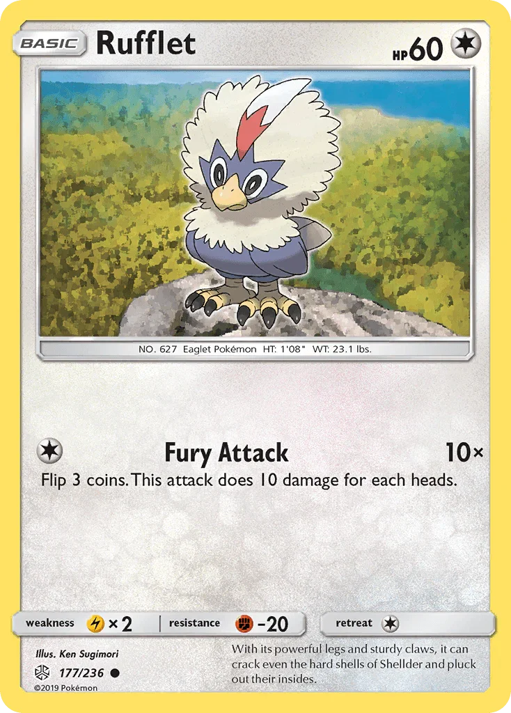 177, Colorless, Common, Fighting[-20], Lightning[×2], Normal, Reverse Holofoil, Sun & Moon: Cosmic Eclipse Rufflet (177/236) [Sun & Moon: Cosmic Eclipse] - Trading Card World