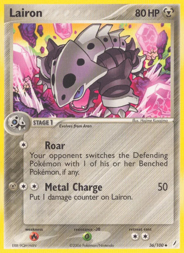 36, EX: Crystal Guardians, Fire[×2], Grass[-30], Metal, Normal, Uncommon Lairon (36/100) [EX: Crystal Guardians] - Trading Card World