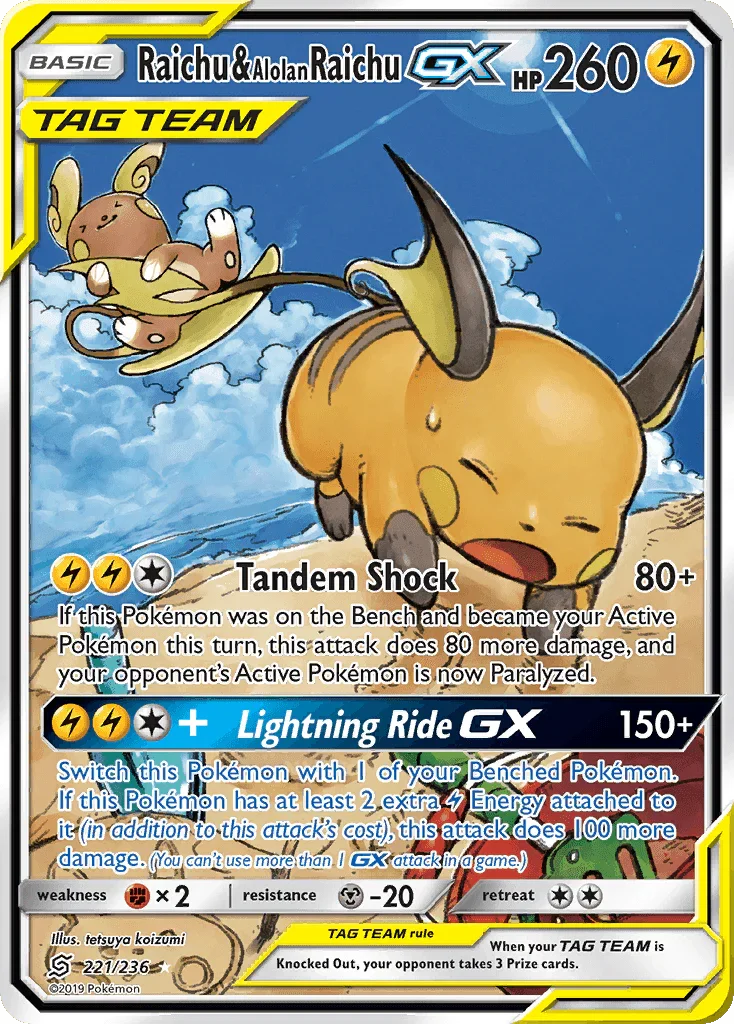 221, Fighting[×2], Holofoil, Lightning, Metal[-20], Sun & Moon: Unified Minds, Ultra Rare Raichu & Alolan Raichu GX (221/236) [Sun & Moon: Unified Minds] - Trading Card World
