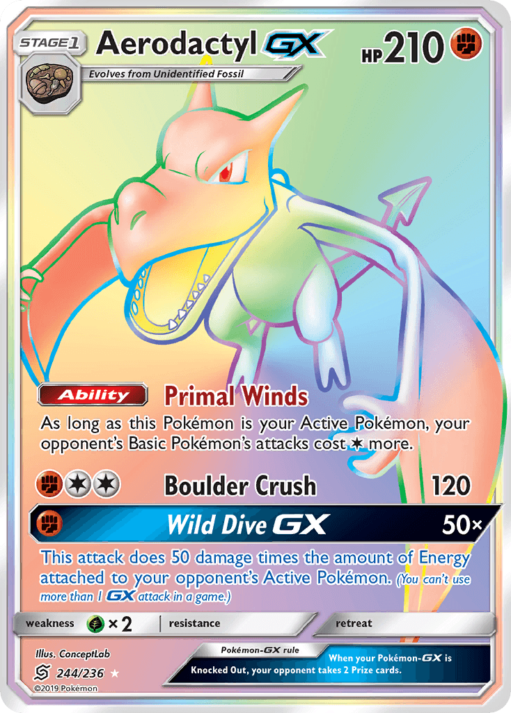244, Fighting, Grass[×2], Holofoil, Secret Rare, Sun & Moon: Unified Minds Aerodactyl GX (244/236) [Sun & Moon: Unified Minds] - Trading Card World